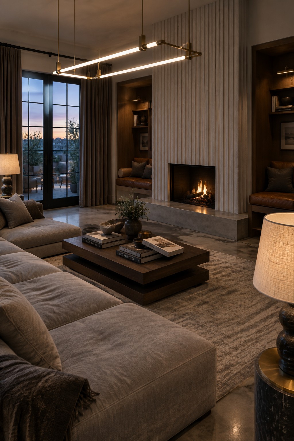 A living room with a gray sectional sofa, dark wood coffee table, built-in fireplace, and two long linear pendant lights hanging above the seating area.