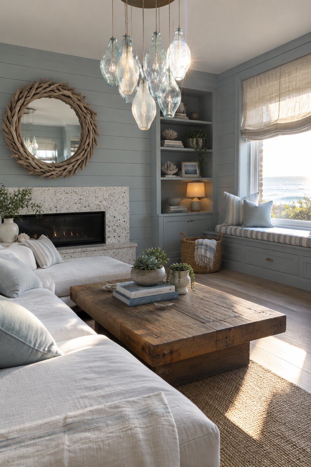 Coastal living room with white sofa, rustic coffee table, and ocean window seat