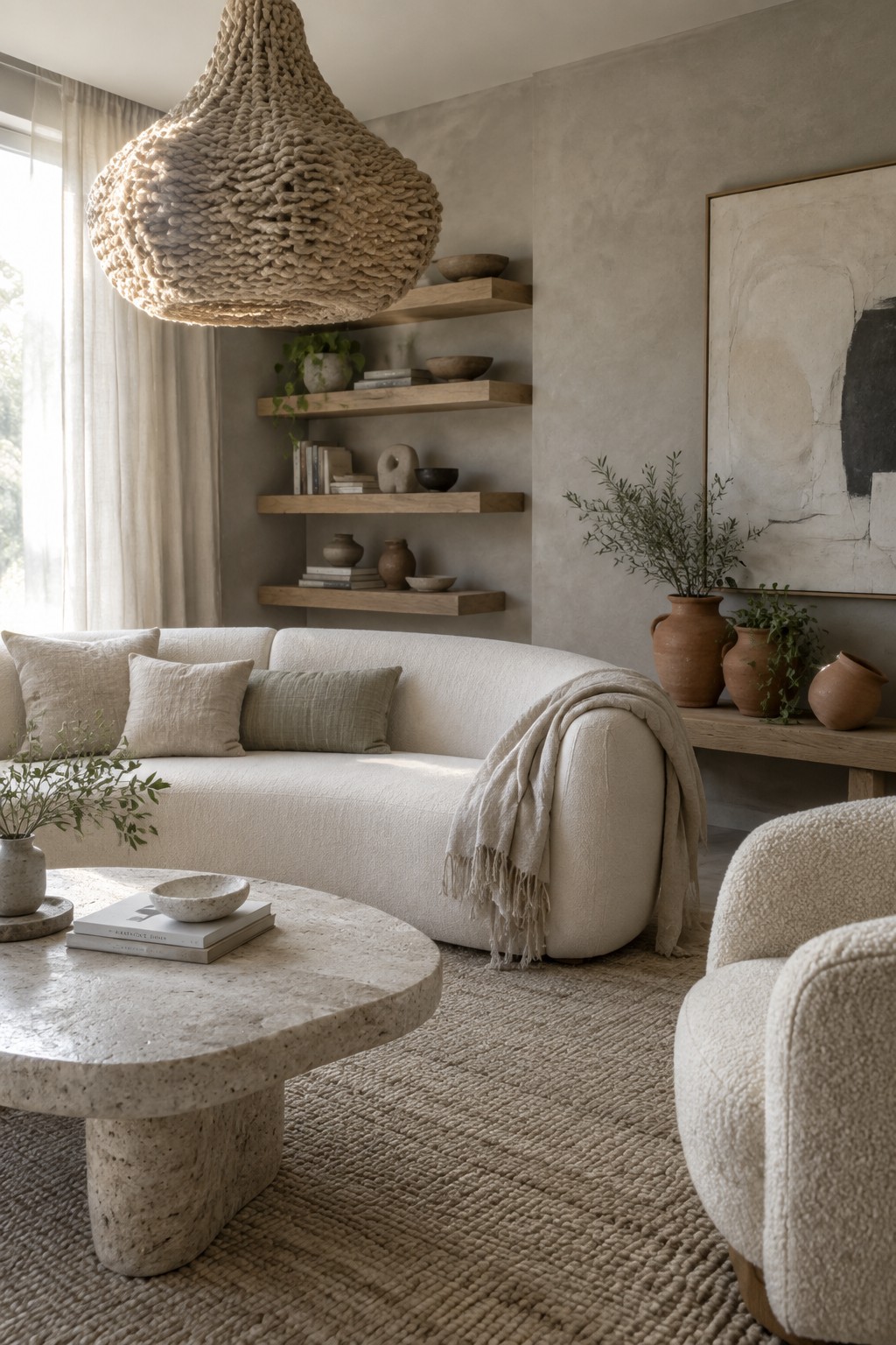 A living room with a large woven pendant light hanging above a curved beige sofa, stone coffee table, and wooden floating shelves on a gray wall.