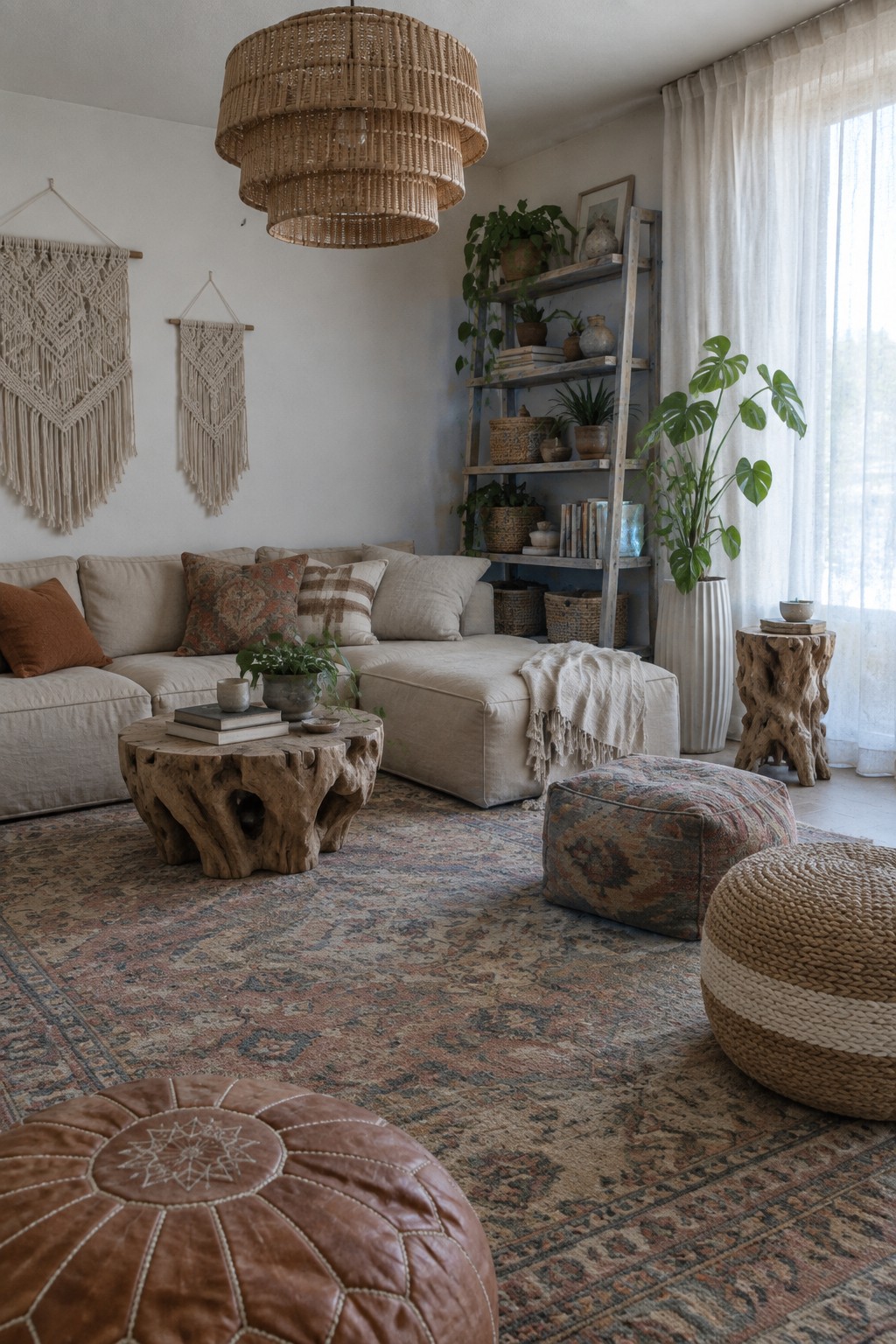Cozy bohemian living room with beige sofa, woven pendant, macrame, and colorful poufs