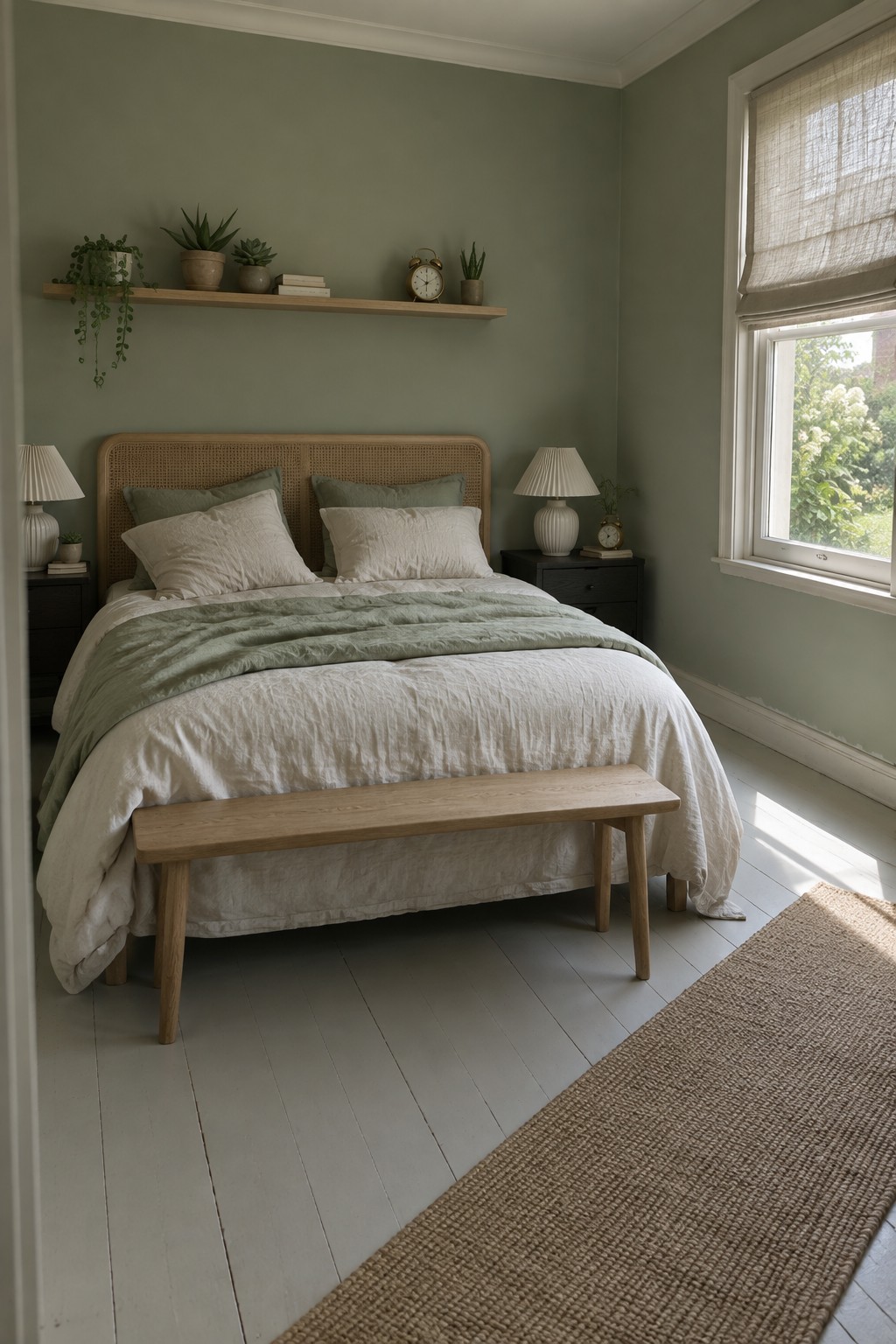A bedroom with sage green walls featuring a wooden bed with white and green bedding, a wooden bench at the foot, and a floating shelf with plants above the headboard.
