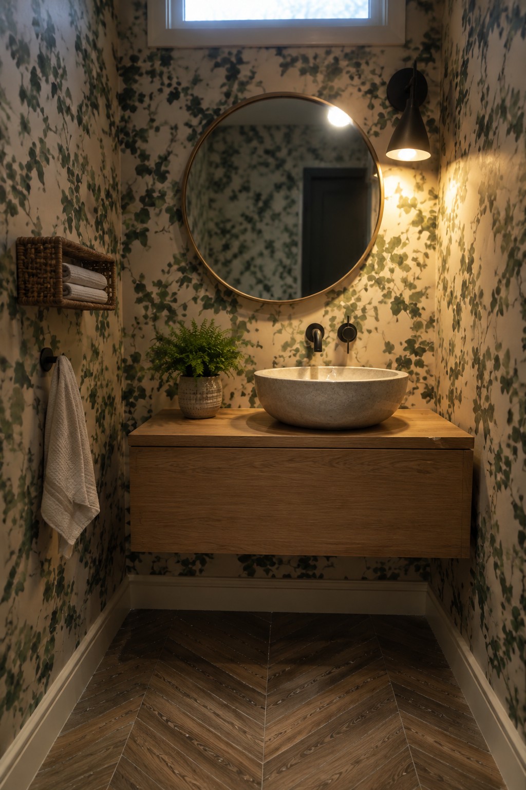 A narrow bathroom with light green leaf patterned wallpaper, a floating wooden vanity holding a round stone sink, and a circular mirror above it.