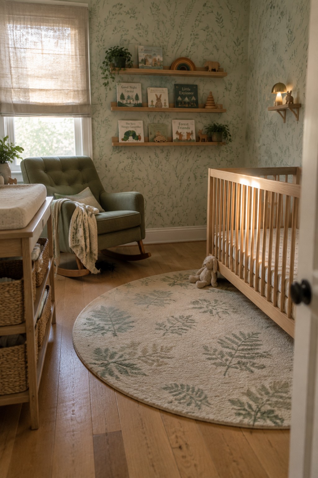 A nursery interior with light green botanical leaf wallpaper, a wooden crib with a lit lamp, a green upholstered rocking chair, wooden shelves with books, and a round rug with leaf motifs on hardwood flooring.
