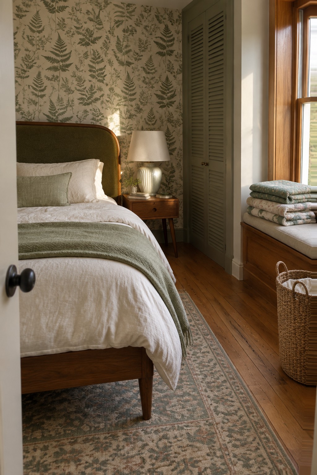 Cozy bedroom with fern wallpaper, wooden bed, green linens, nightstand, and window seat.