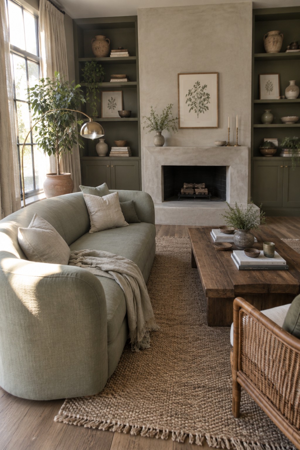 A living room with a sage green sofa facing a wooden coffee table, flanked by olive green built-in shelves around a concrete fireplace, with plants and neutral textiles throughout.