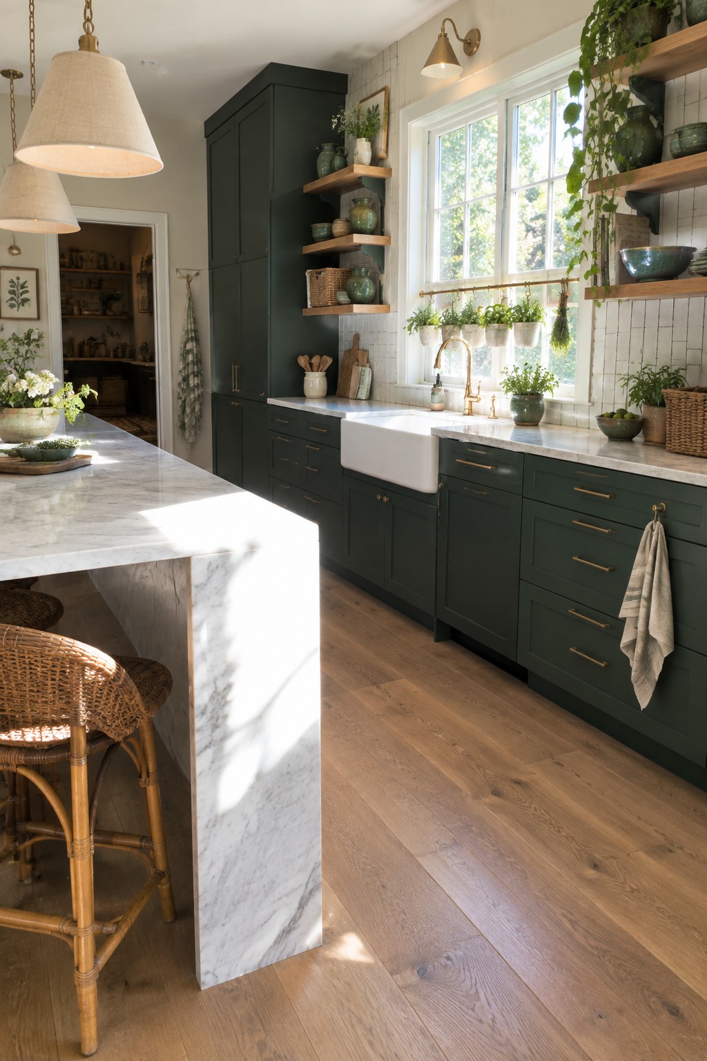 Sunlit kitchen with dark green cabinets, marble island, farmhouse sink, and hanging plants.