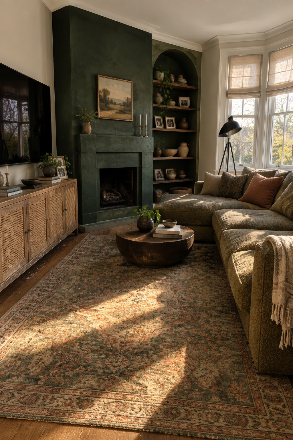 A living room with a dark green fireplace wall, wooden mantel, arched built-in shelves, patterned rug, and sectional sofa near large windows.