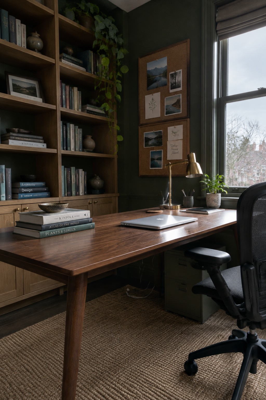A home office with a large wooden desk, built-in bookshelves, green walls, a laptop, and a window with outdoor views.