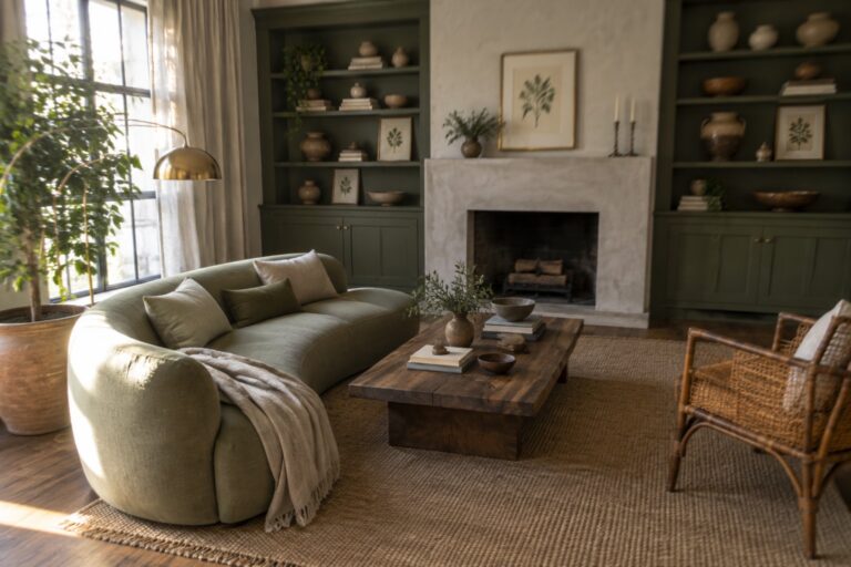A living room with a sage green sofa facing a wooden coffee table, flanked by olive green built-in shelves around a concrete fireplace, with plants and neutral textiles throughout.