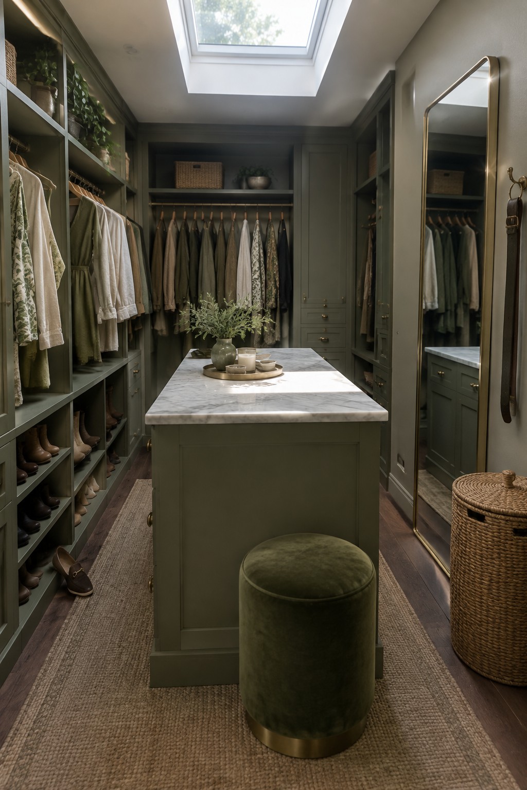 A narrow walk-in closet with sage green built-in cabinetry on both walls, a central marble-topped island, hanging clothes, shoe shelves, and a full-length mirror on the right.