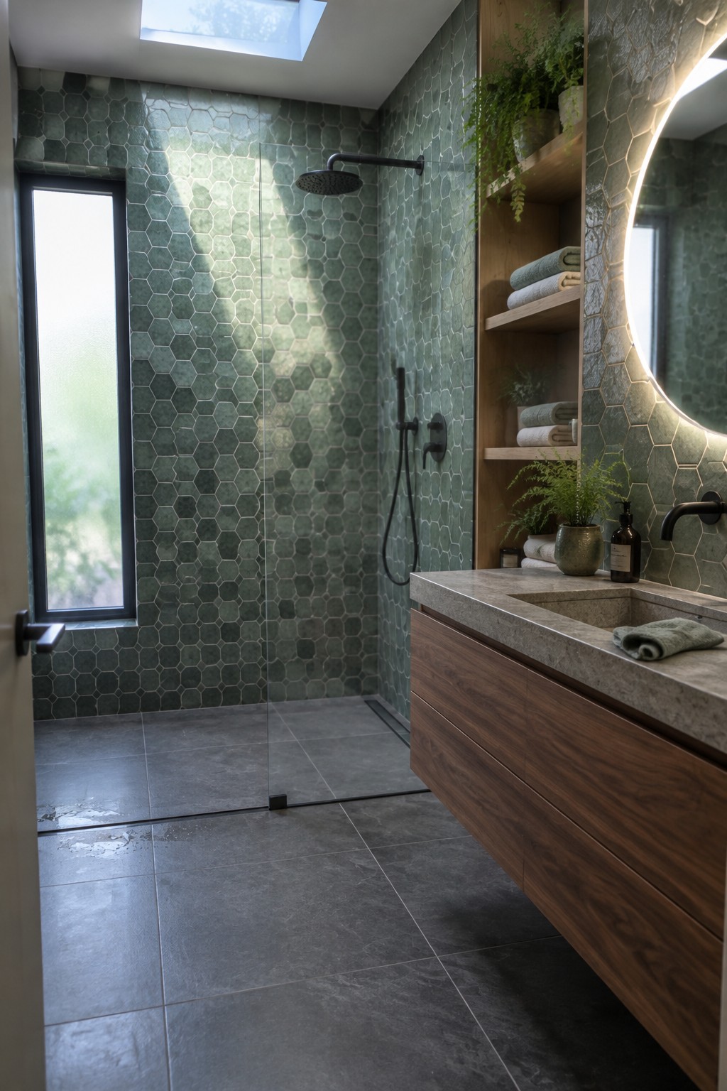 A bathroom interior featuring green hexagonal wall tiles, a glass shower, dark floor tiles, a floating wood vanity with stone top, and a round backlit mirror.