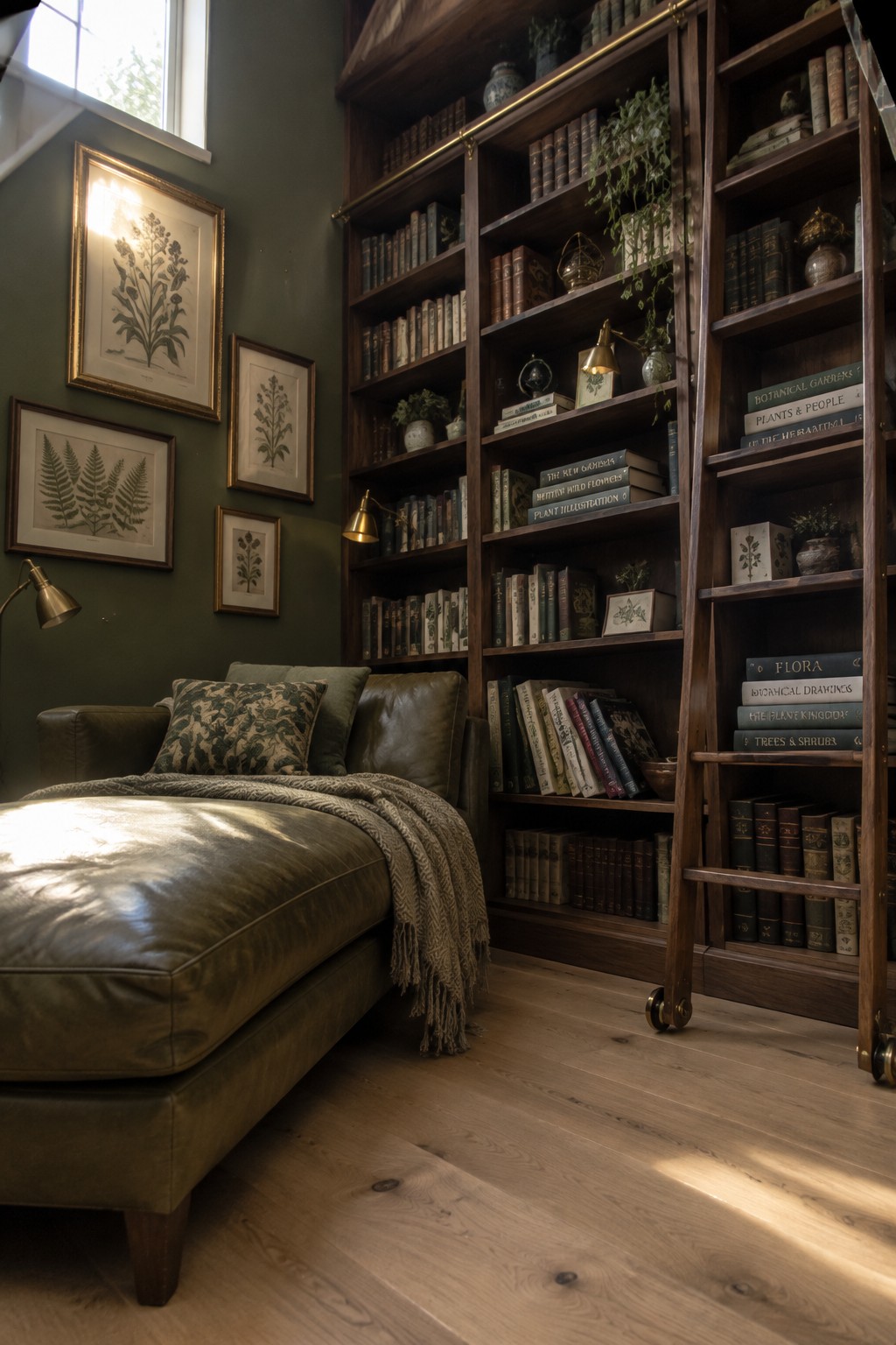 A green painted room with a leather chaise lounge, framed botanical prints on the wall, and a tall wooden bookshelf filled with books and small plants.
