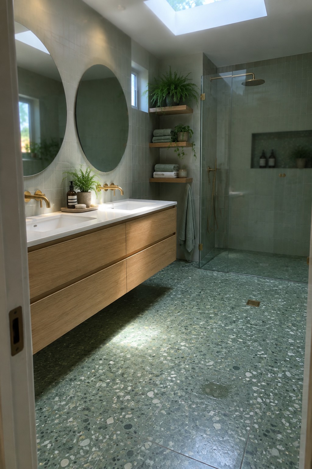 Modern bathroom with double vanity, round mirrors, terrazzo floor, and glass shower enclosure