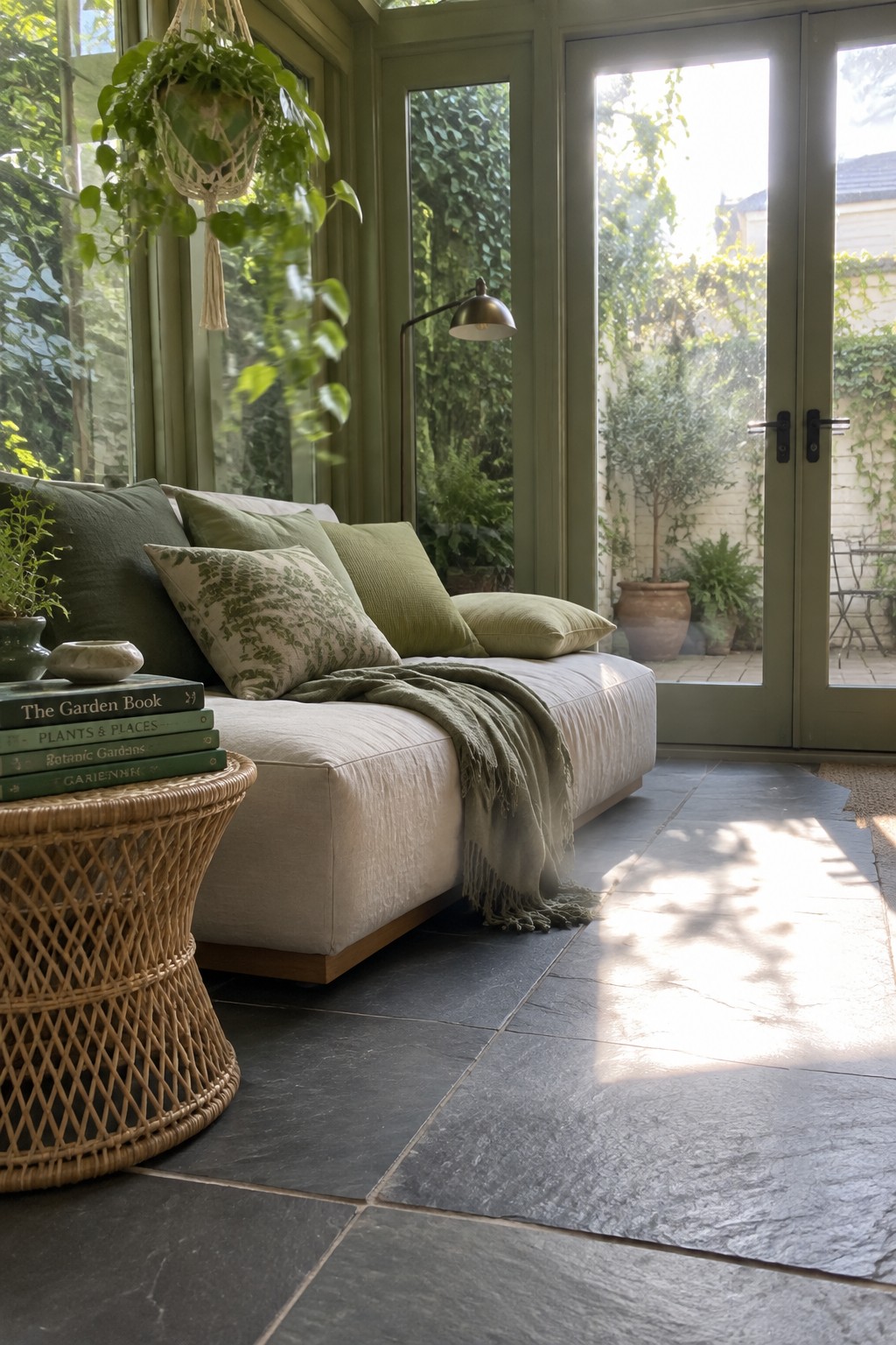 Cozy sunroom with beige sofa, green pillows, hanging plant, and garden doors