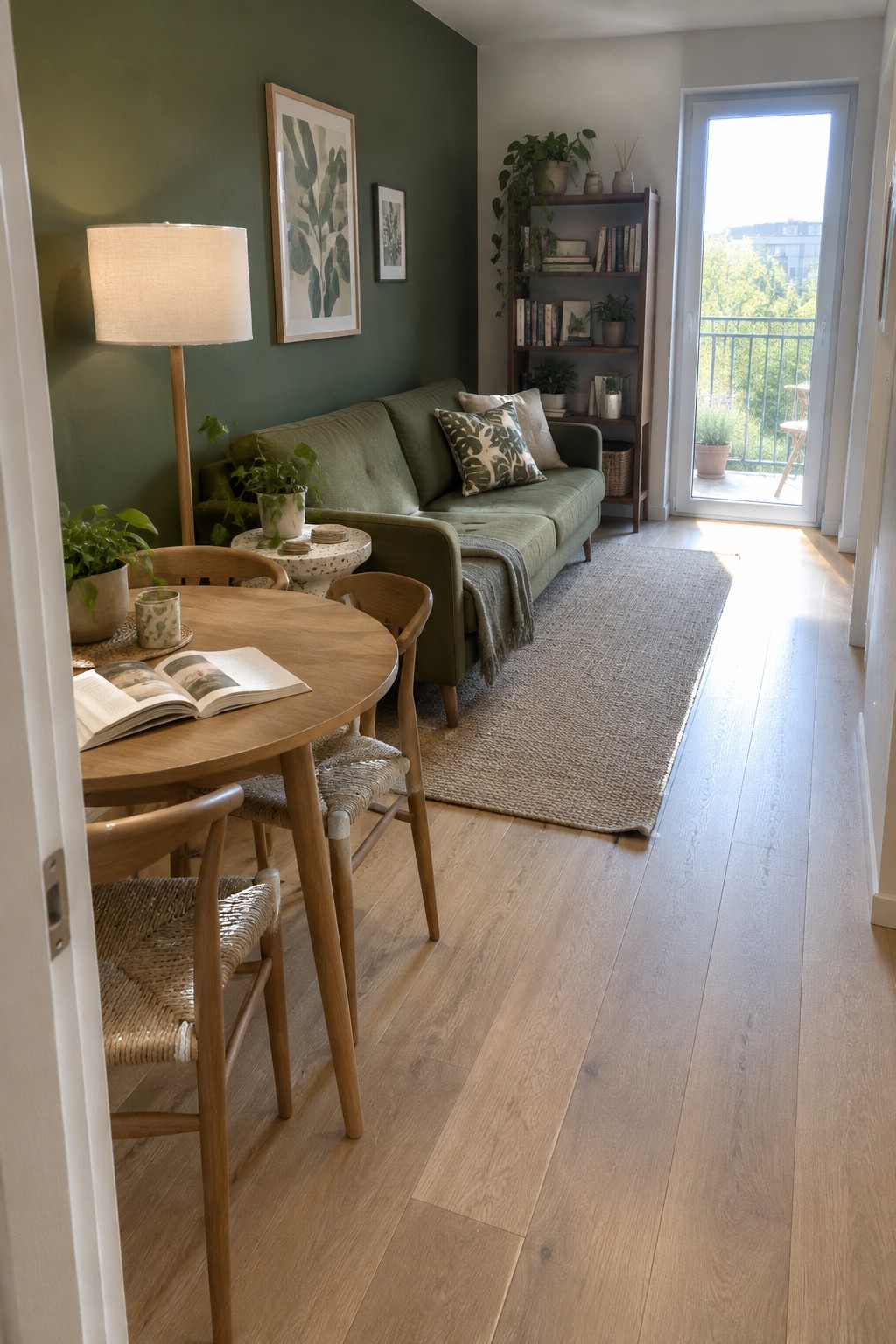 Cozy living room with green sofa, round wooden table, bookshelf, and balcony door.