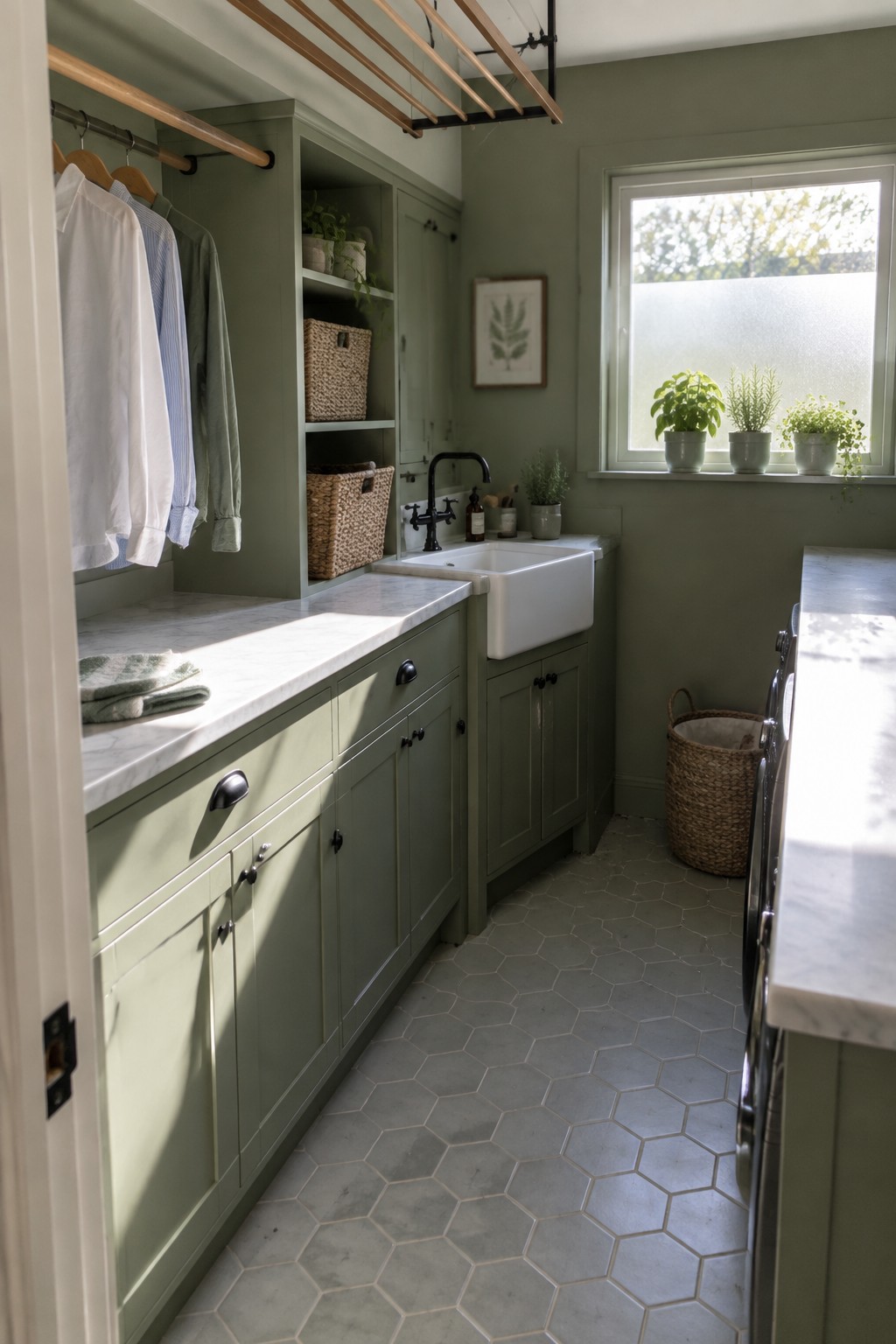 Sage green laundry room with white marble counters, farmhouse sink, and hanging shirts