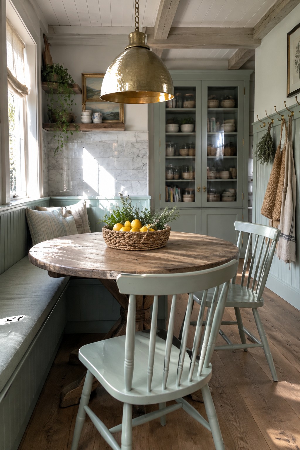 A round wooden dining table with light green spindle chairs and a woven basket centerpiece, set in front of sage green glass-front cabinetry and a brass pendant light.