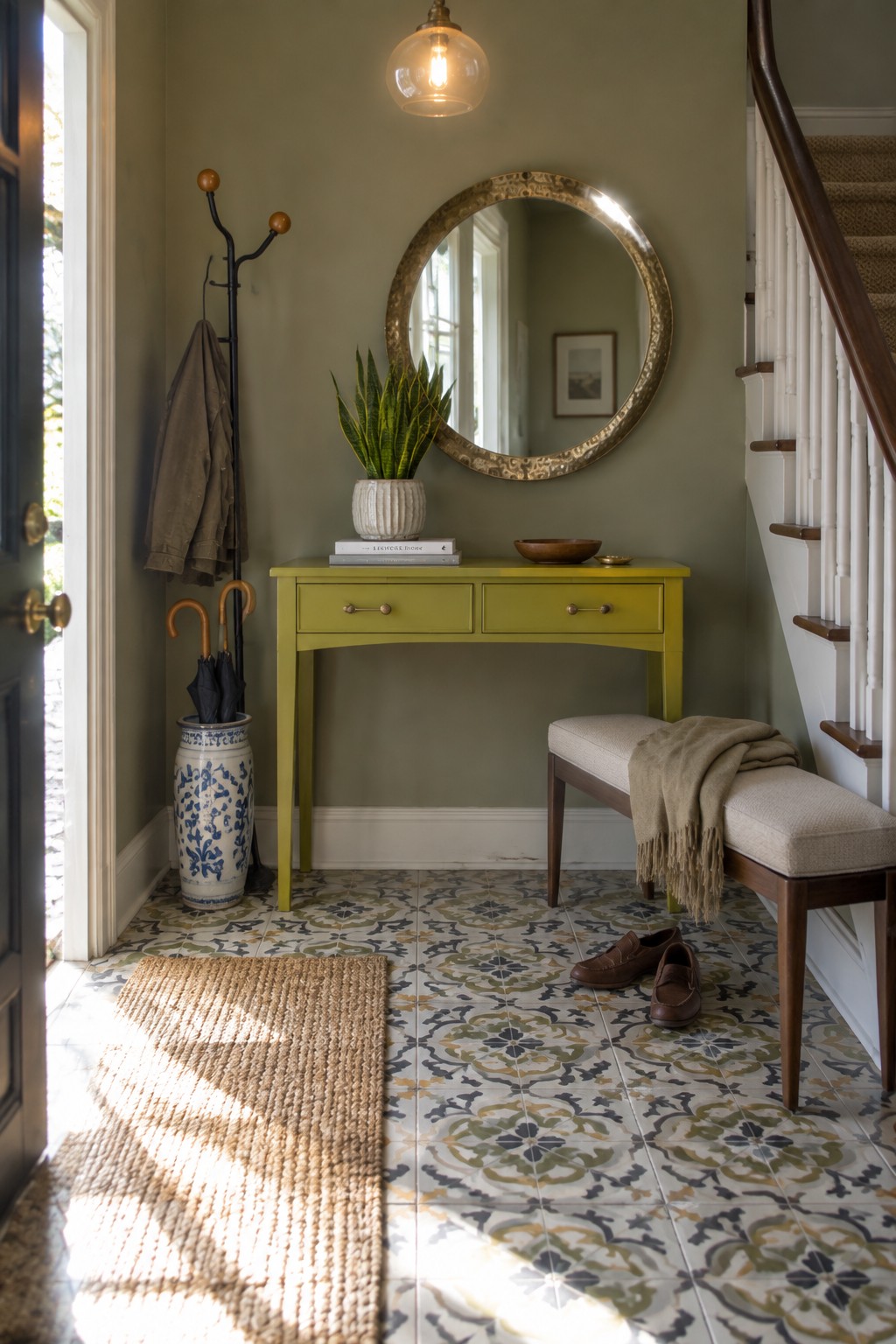 An entryway with sage green walls, a chartreuse console table under a round mirror, patterned tile floor, and a woven runner near the front door.