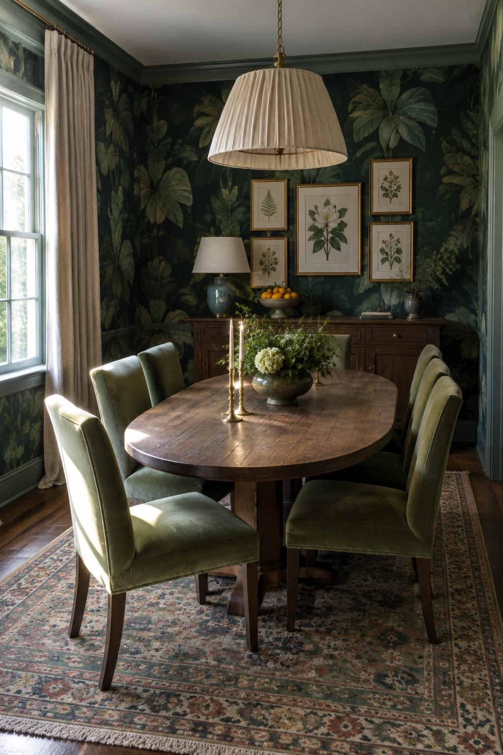 A dining room featuring dark green botanical wallpaper, a round wooden table with green velvet chairs, framed botanical prints on the wall, and a large pendant light overhead.