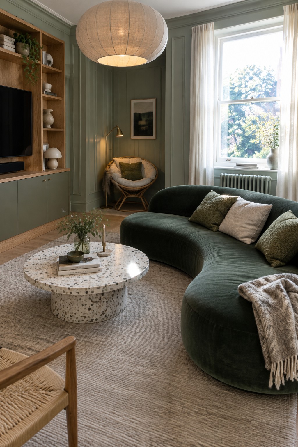 A living room with sage green walls, a large curved dark green velvet sofa, a round terrazzo coffee table on a beige rug, and wooden built-in shelving.