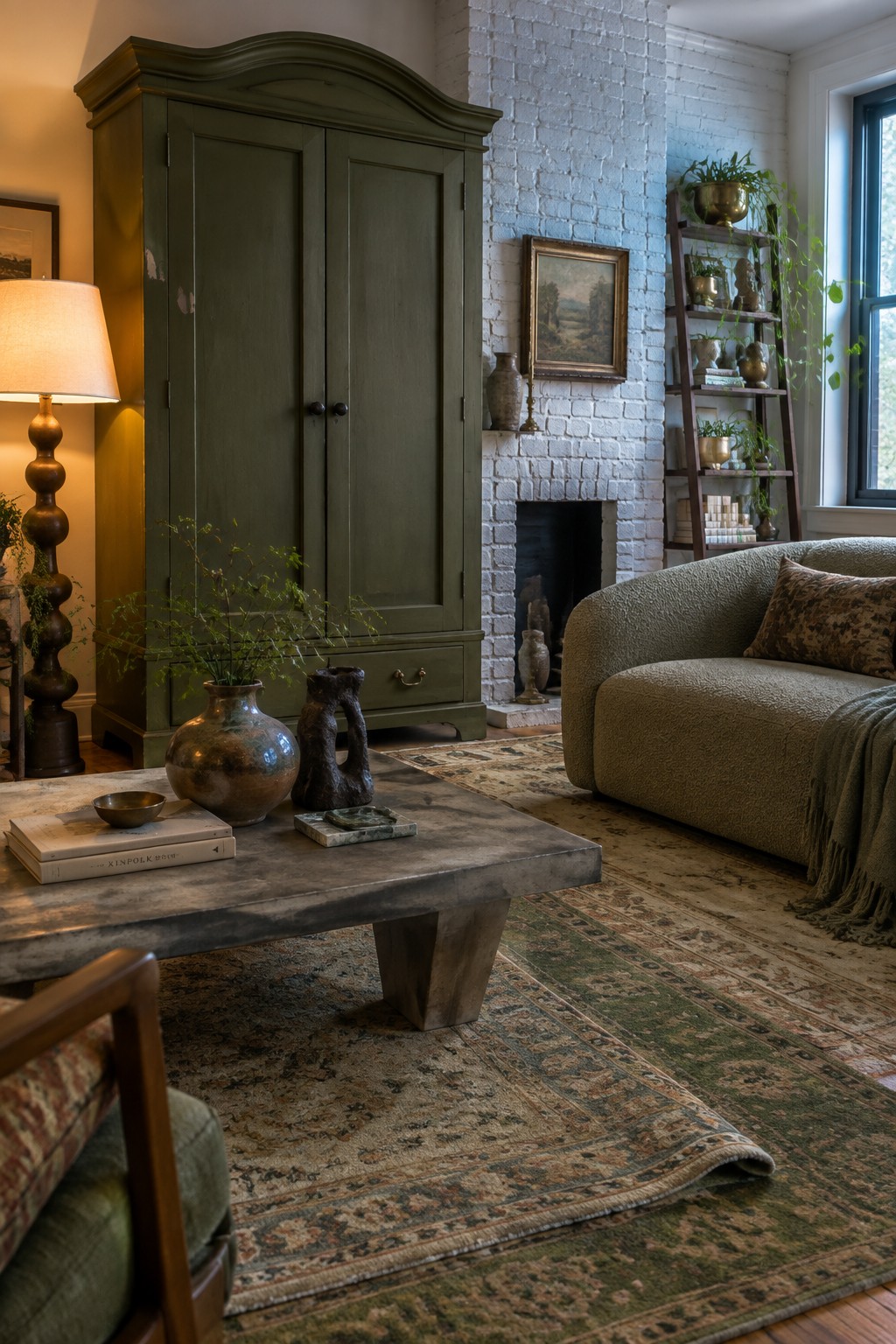 A living room with a large olive-green painted armoire beside a white brick fireplace, a concrete coffee table, a green sofa, and layered patterned rugs.