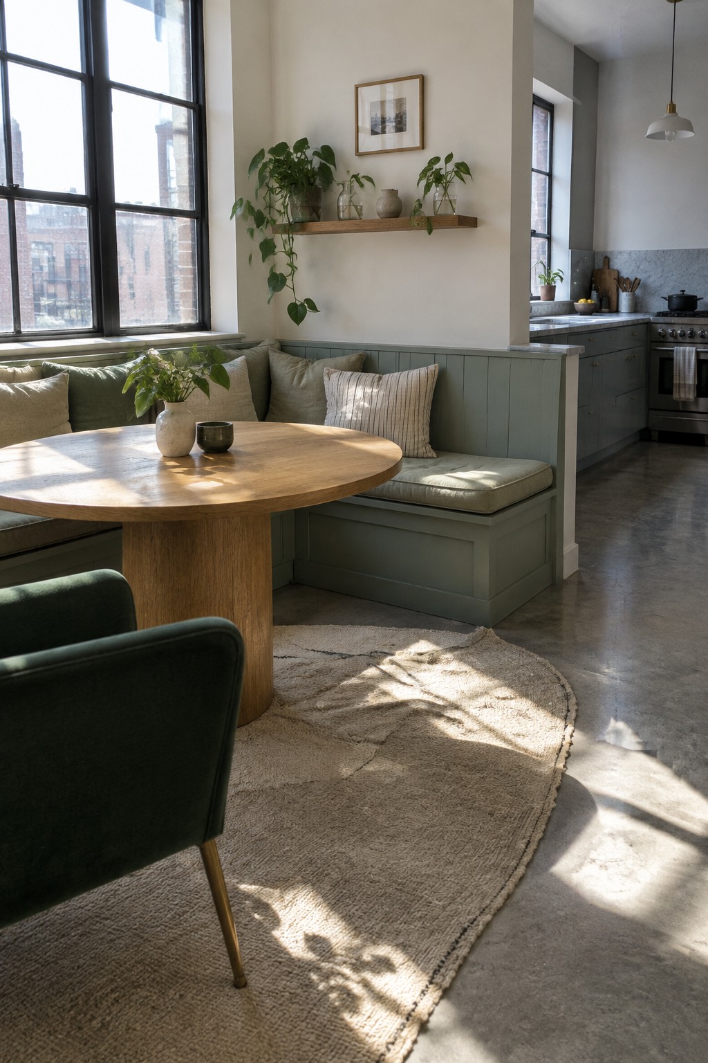 A sage green built-in banquette with cushions lines the corner of a room beside a round wooden table, with plants on a shelf above and a kitchen visible in the background.