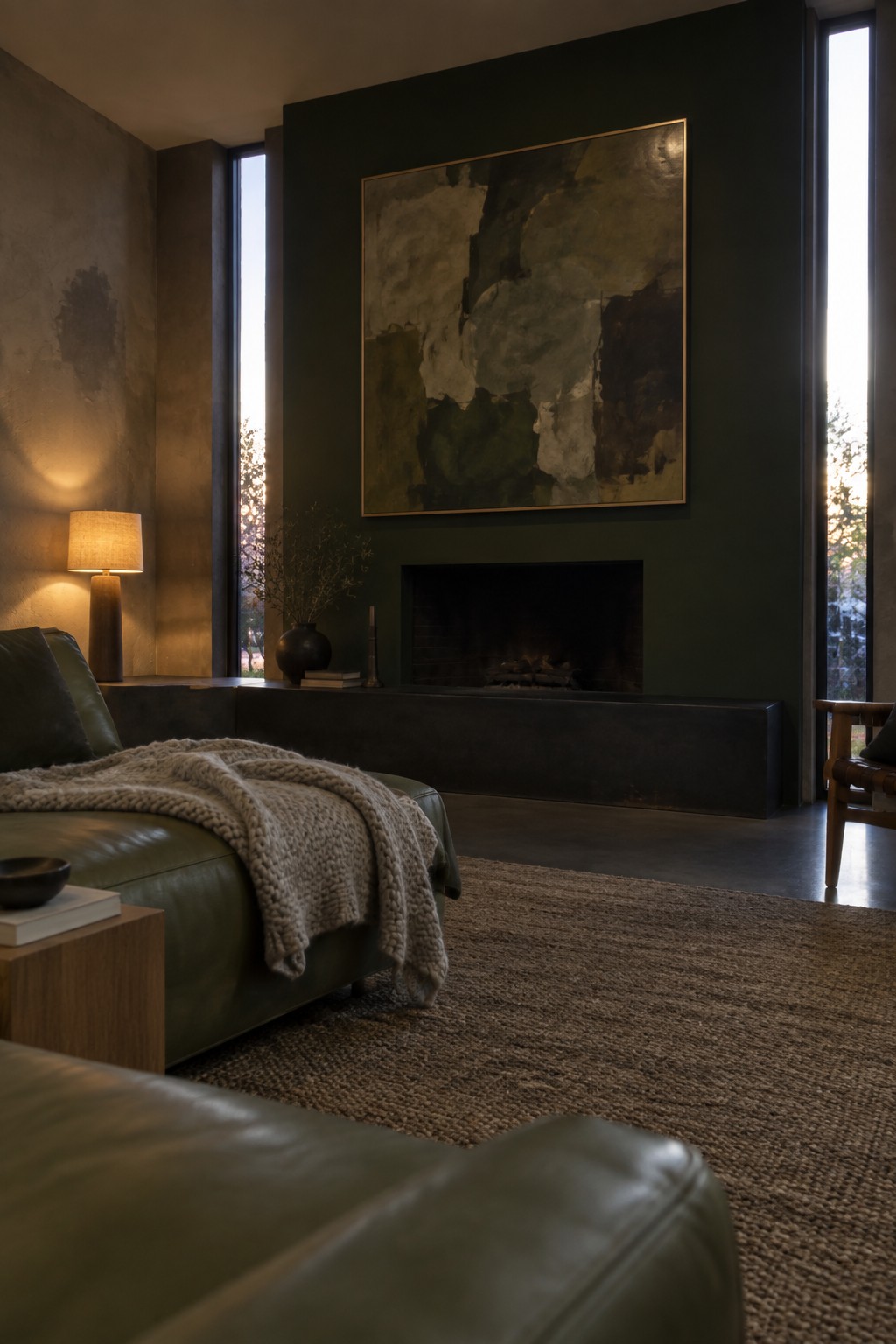 Modern living room with green leather sofa, abstract painting over fireplace, woven rug