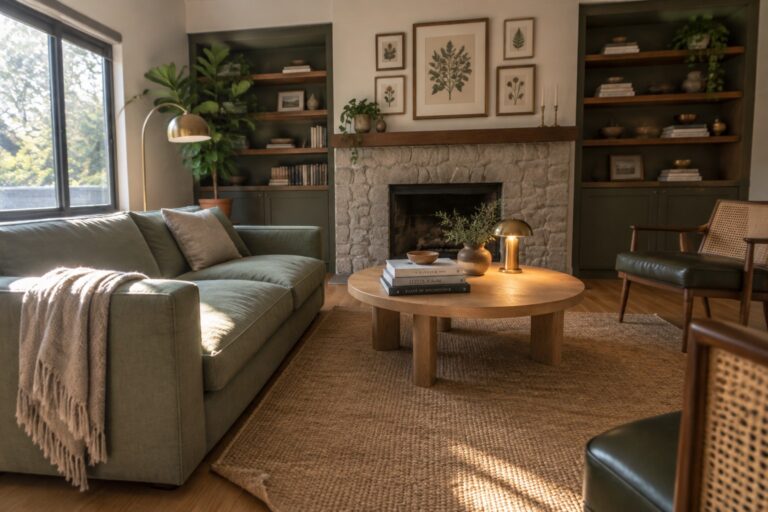 A living room with a sage green sofa, olive green built-in shelves, a stone fireplace, and a round wooden coffee table on a woven rug.