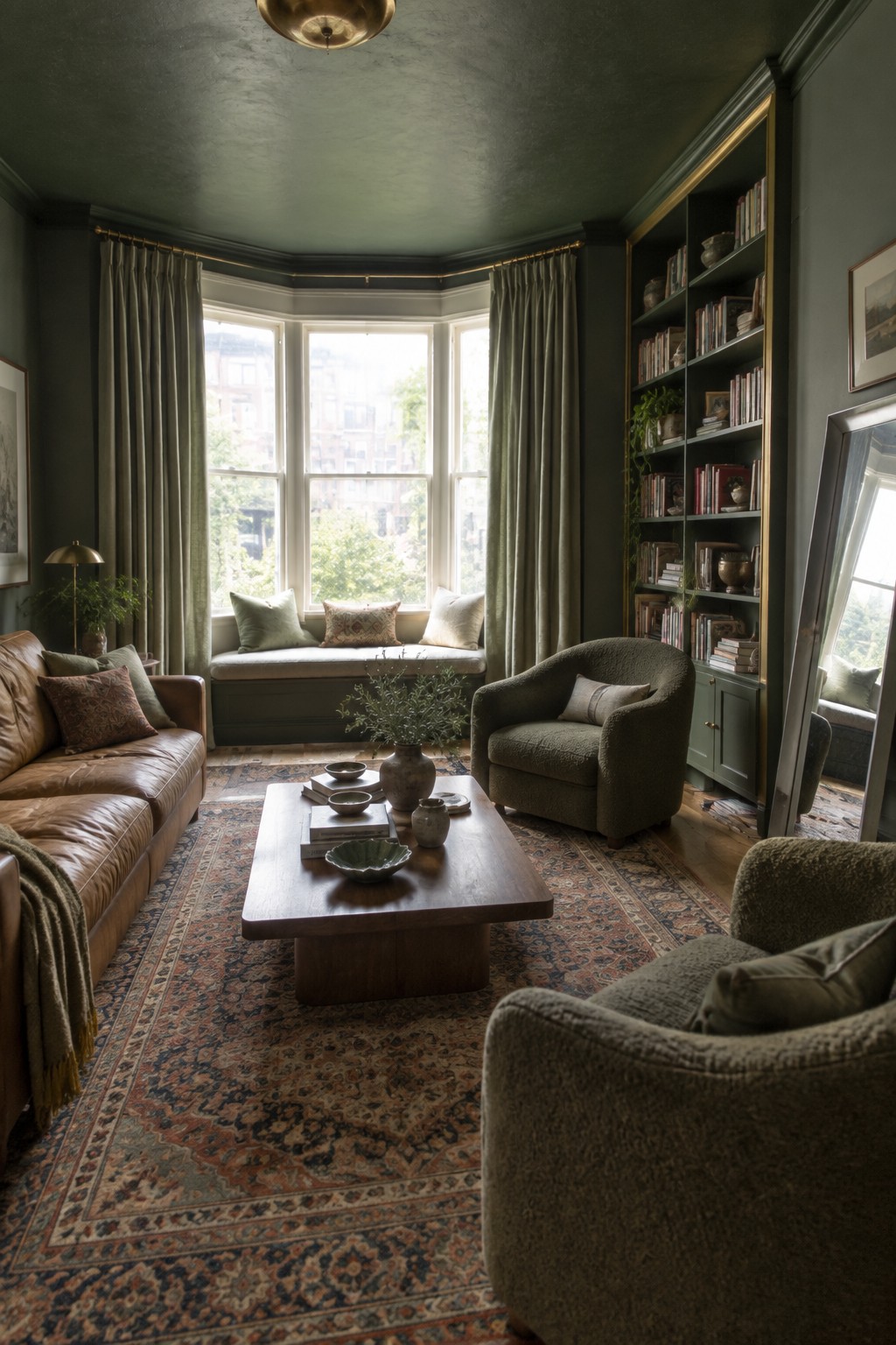 A living room with forest green walls and ceiling, built-in bookshelves, a brown leather sofa, green armchairs, a wooden coffee table, and a bay window with green curtains.