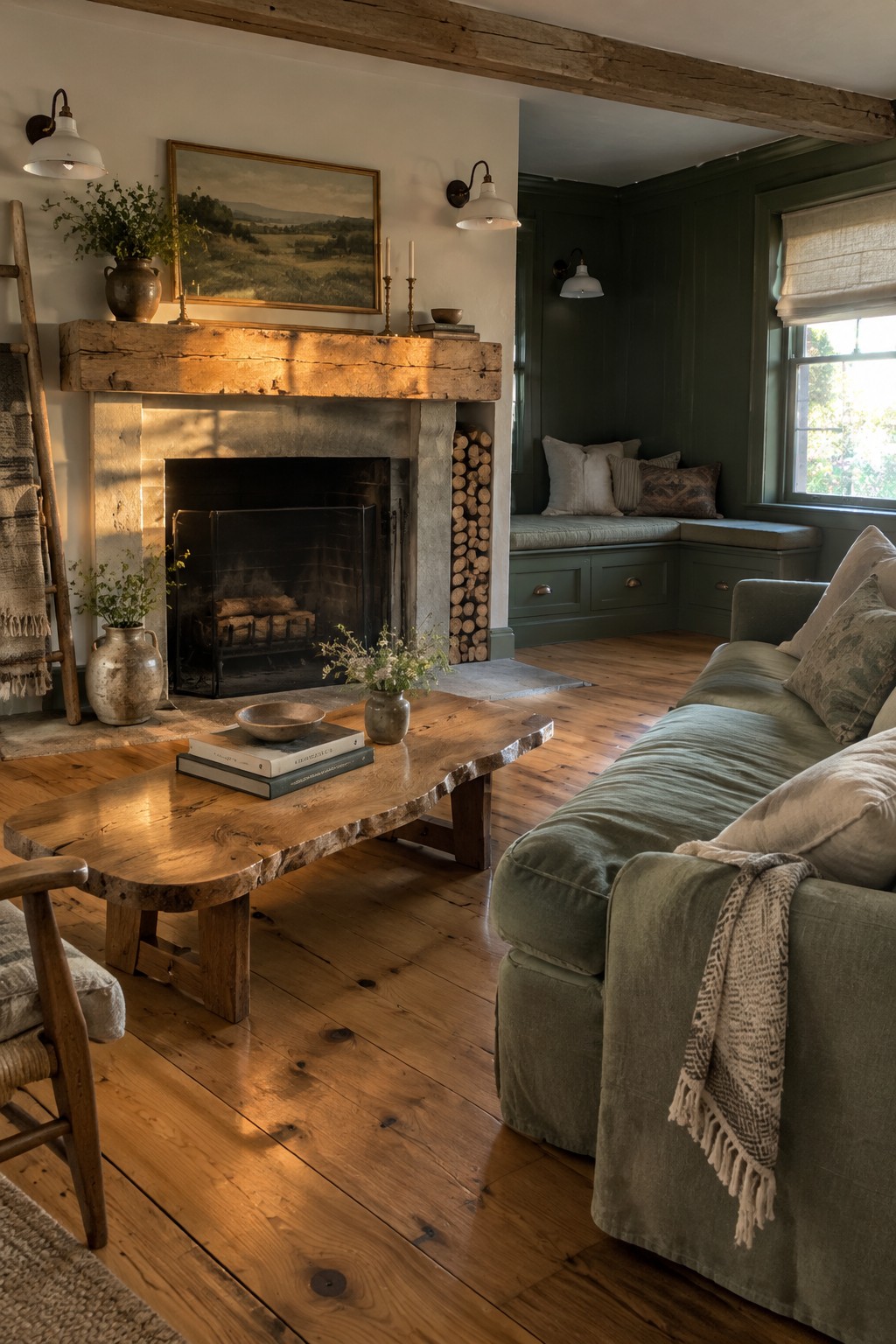 Rustic living room with stone fireplace, green sofa, live-edge coffee table, and wooden beams