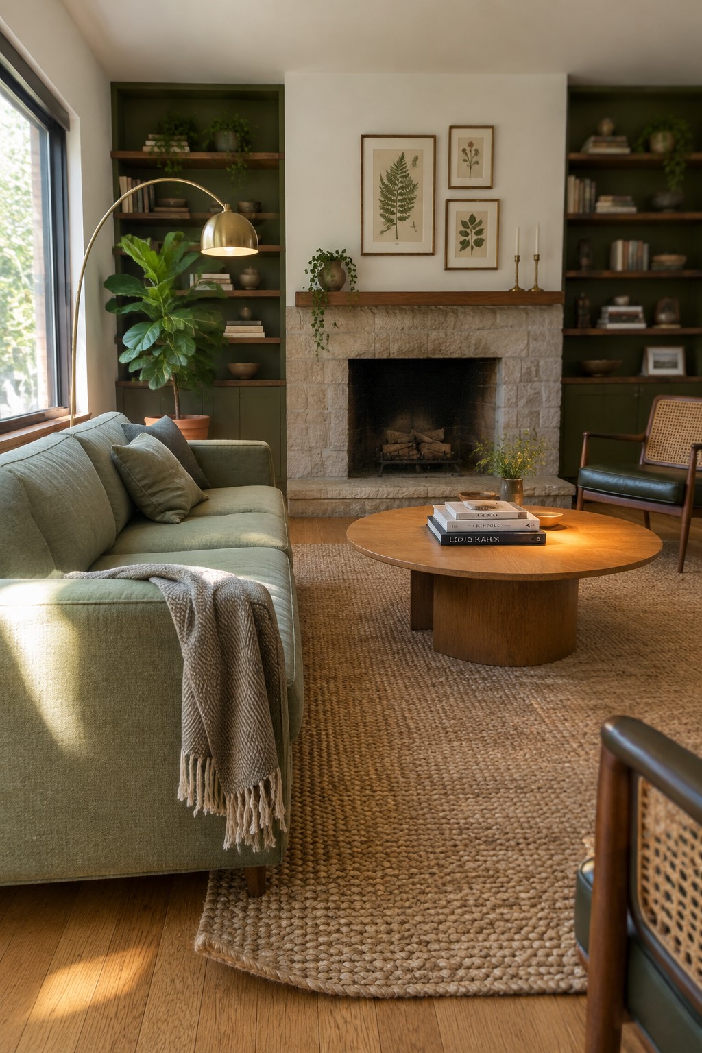 A living room with a sage green sofa, olive green built-in shelves, a stone fireplace, and a round wooden coffee table on a woven rug.