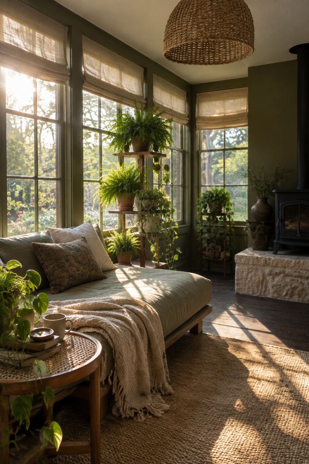 Sunlit room with daybed, ferns on shelves, woven rug, and wood stove.