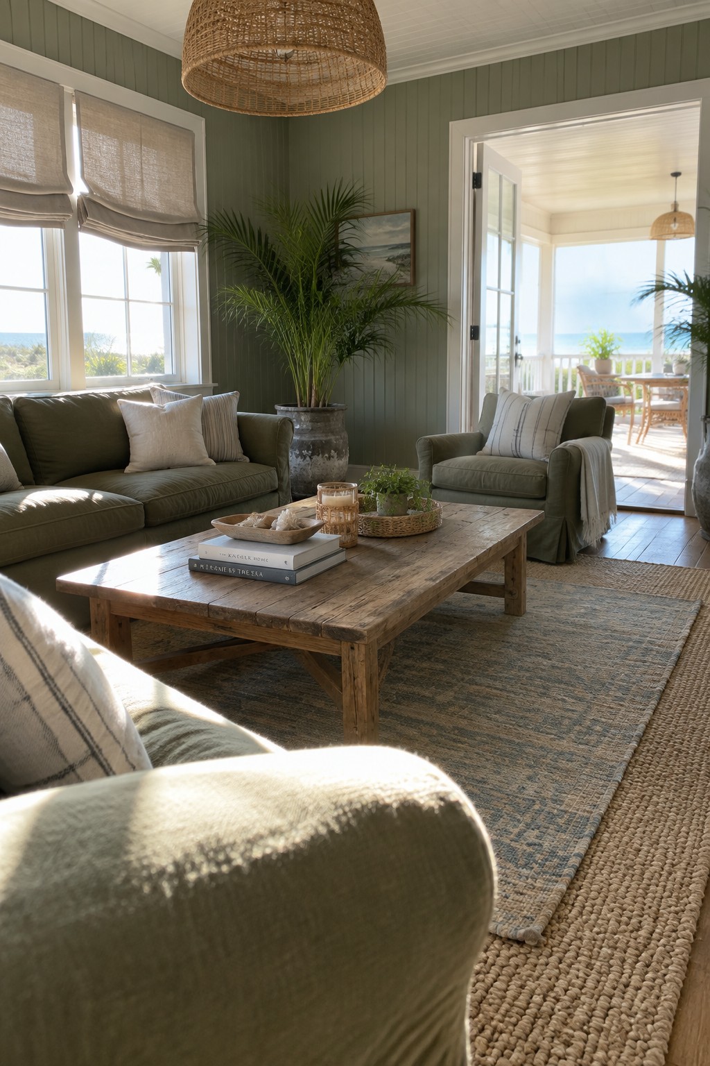 Cozy green living room with rustic wood table, woven rug, and open ocean-view doors.