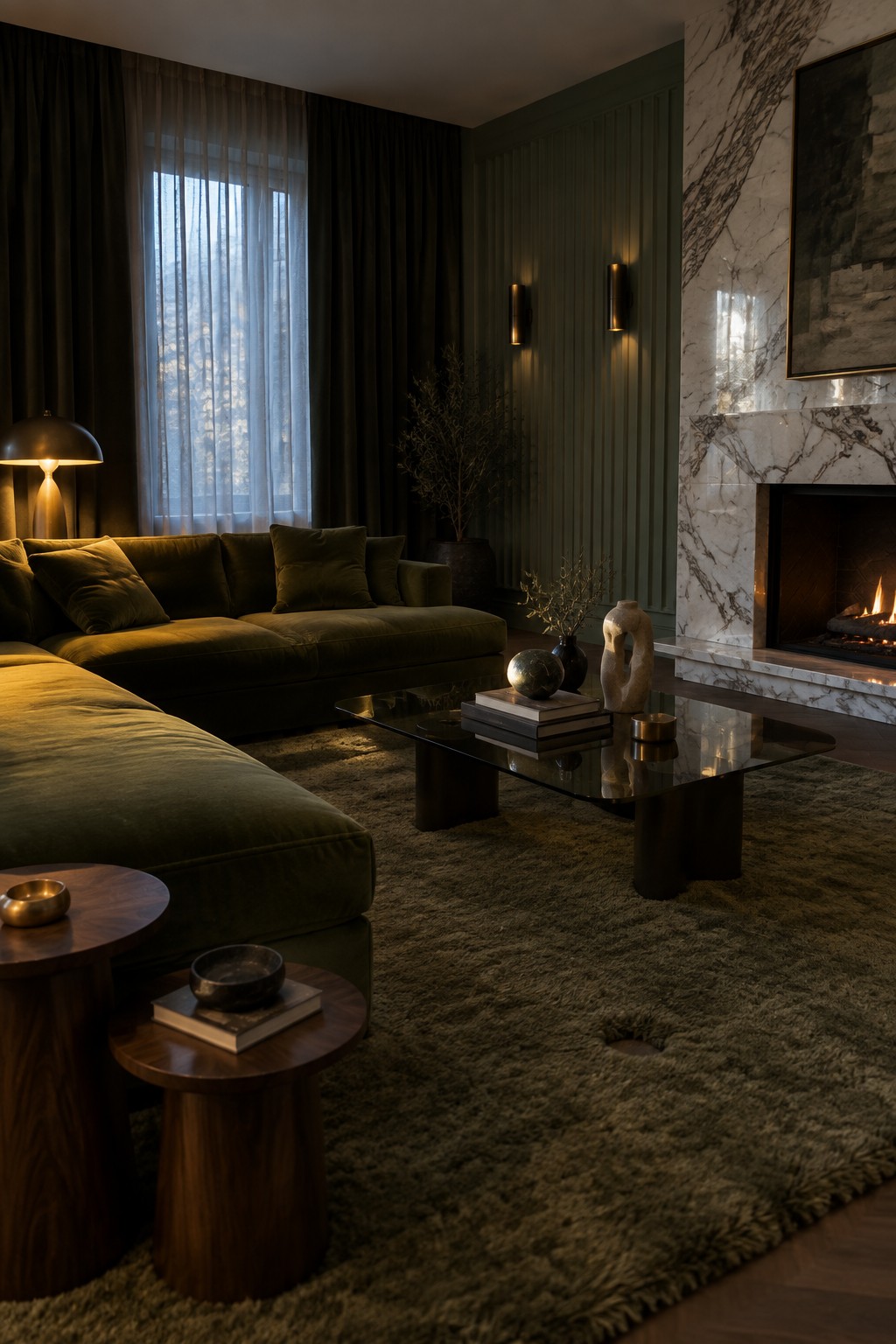 A living room featuring an olive green sectional sofa against sage green walls, a marble fireplace, and a glass coffee table on a textured green rug.