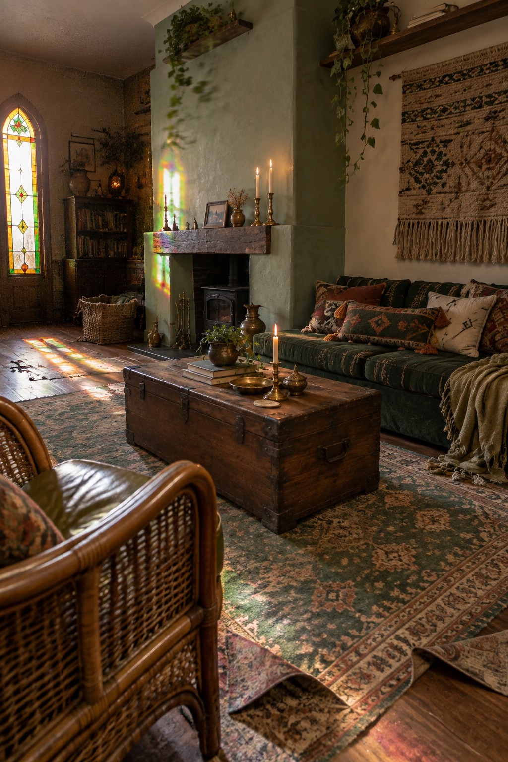A living room interior with sage green walls, a forest green velvet sofa, a large wooden trunk used as a coffee table, lit candles, and a fireplace.