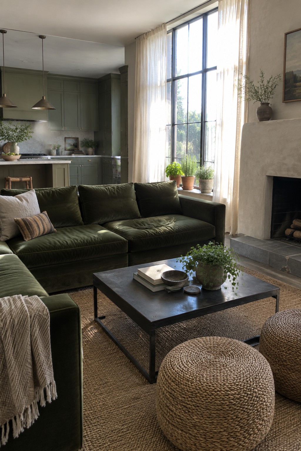 A living room featuring a large forest green velvet sectional sofa on a jute rug, with a dark metal coffee table, woven poufs, and a stone fireplace visible in the background.