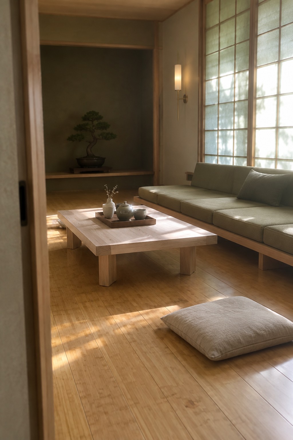 Sunlit Japanese room with low wooden table, green sofa, floor cushion, and bonsai.