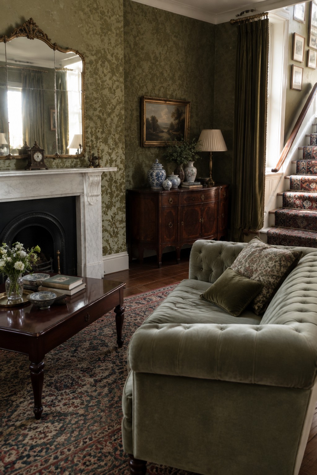 A living room featuring sage green patterned wallpaper, an olive green tufted velvet sofa with pillows, a dark wood coffee table on a patterned rug, and a white marble fireplace with a large mirror above it.