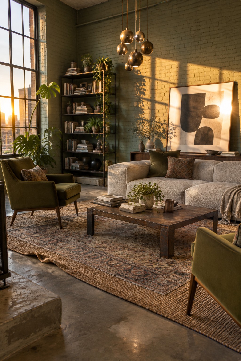 A living room featuring two olive green armchairs, a light gray sectional sofa with green pillows, a dark wood coffee table, tall bookshelves filled with books and plants, and a large window with city views.