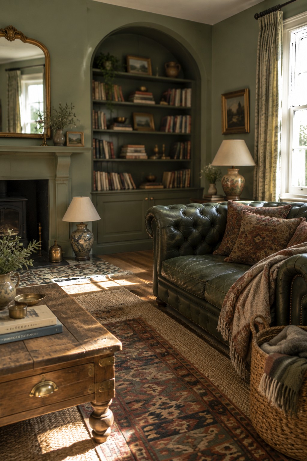 Cozy living room with sage green walls, tufted leather sofa, arched bookshelves, and sunlit rugs