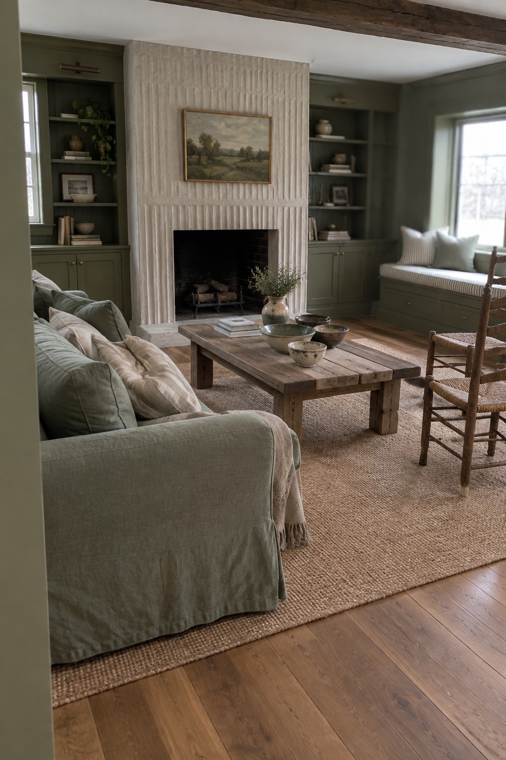 A living room with sage green walls and built-in cabinetry around a fireplace, a wooden coffee table on a woven rug, and a green sofa in the foreground.