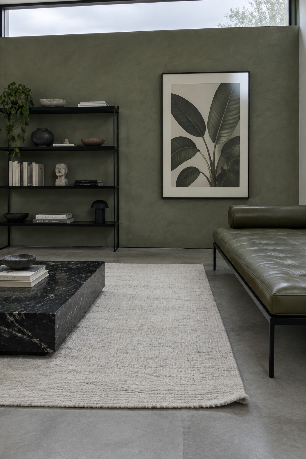 A living room with sage green walls, black metal shelving, an olive green leather daybed, a white textured rug, and a large framed botanical print.