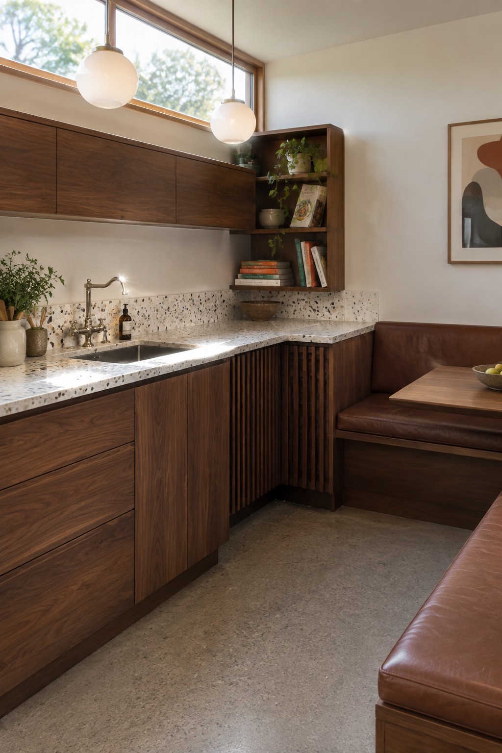 An L-shaped kitchen featuring dark wood cabinetry, a terrazzo countertop with an integrated sink, and a brown leather banquette along the adjacent wall.