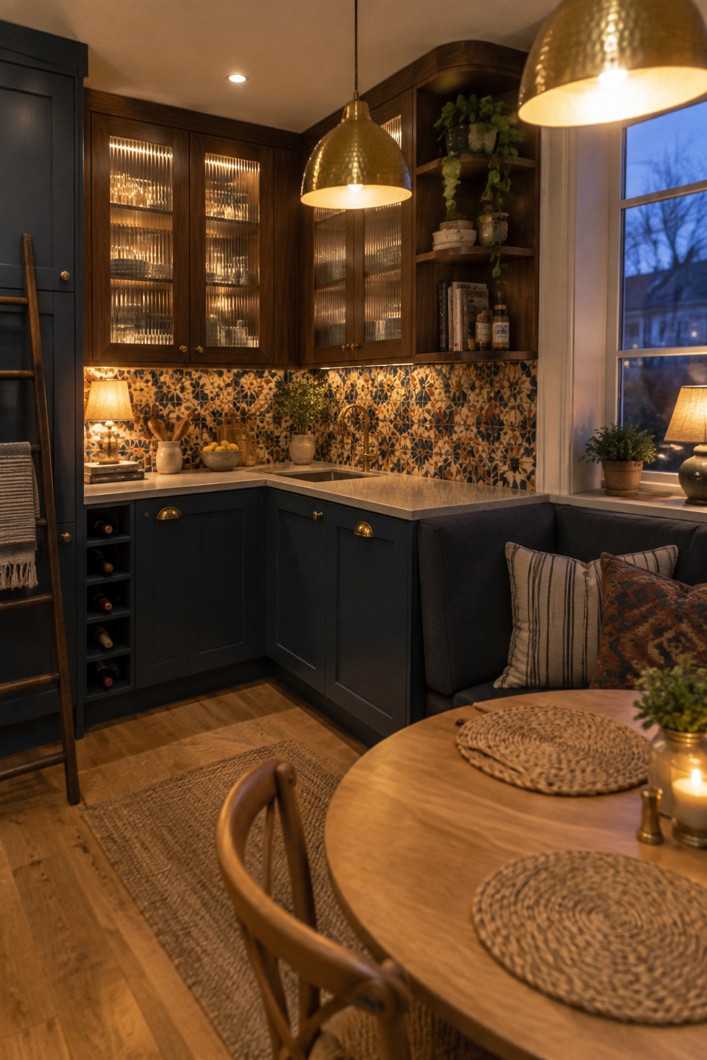 An L-shaped kitchen with dark blue cabinets, a patterned tile backsplash, brass fixtures, and a corner banquette with pillows next to a round wooden table.