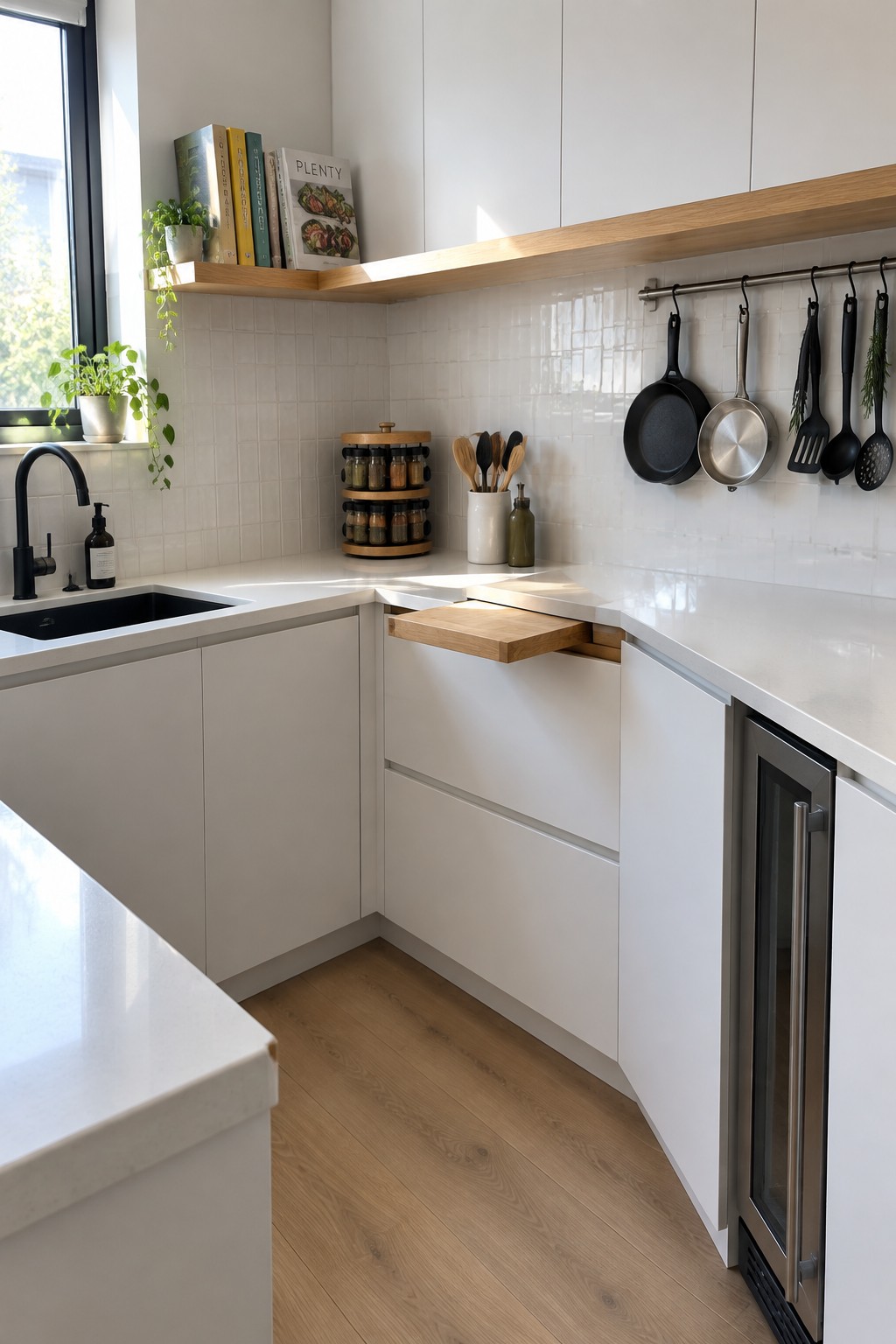 An L-shaped kitchen corner with white cabinets, white countertops, a black sink, and a wooden pull-out board extended from the corner cabinet.