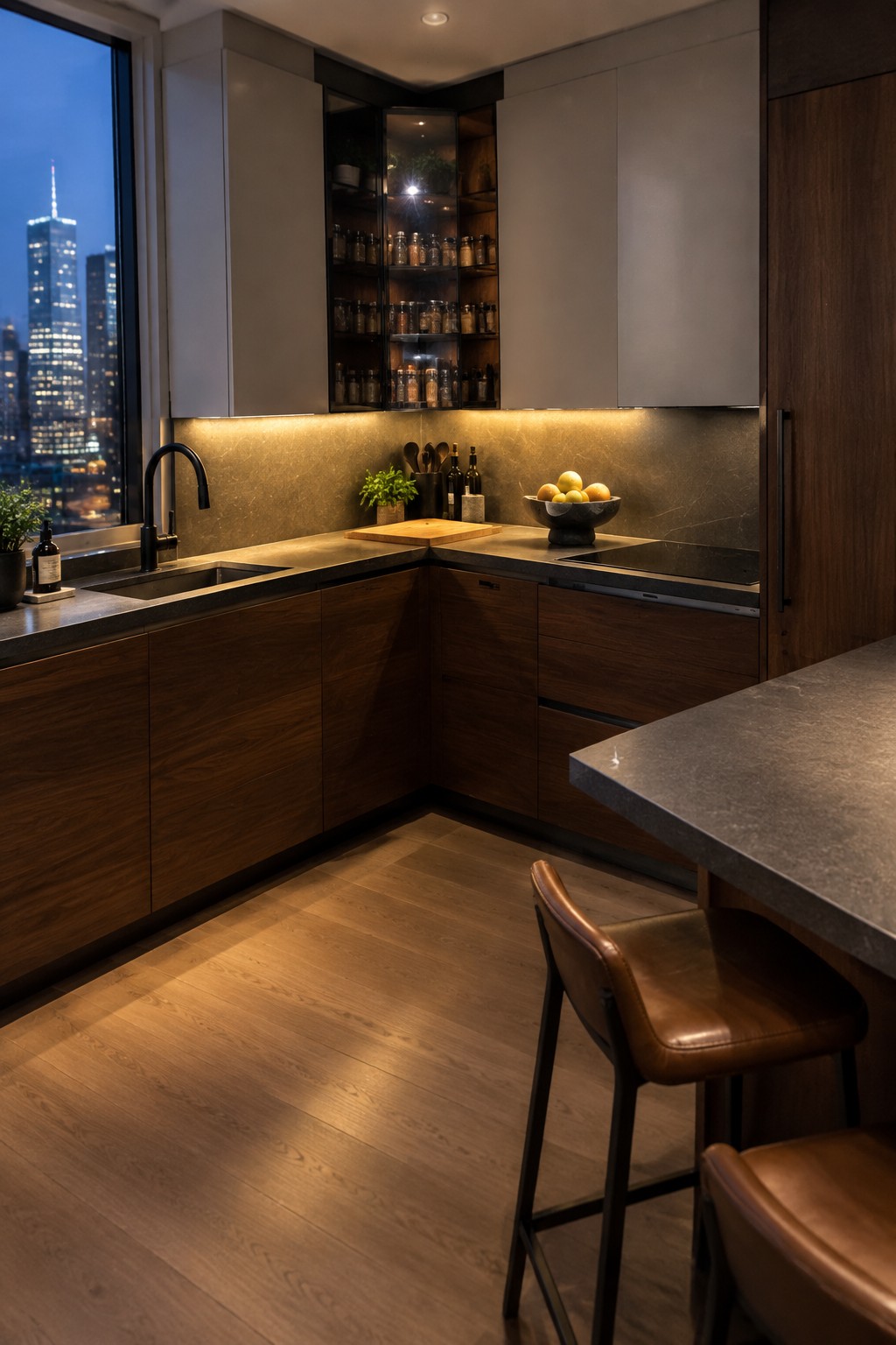 Modern L-shaped kitchen with dark wood cabinets, stone counters, and illuminated glass corner shelves holding rows of spice jars.