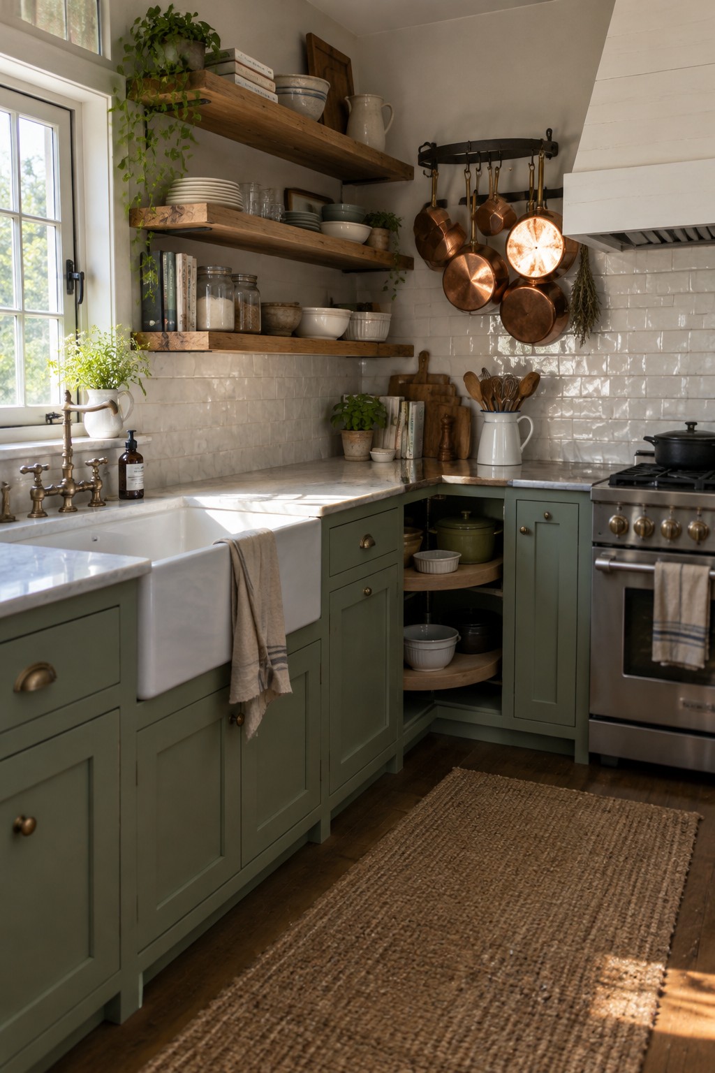 An L-shaped kitchen with sage green cabinets, a white farmhouse sink on marble counters, and a corner cabinet with rotating shelves holding bowls and pots.