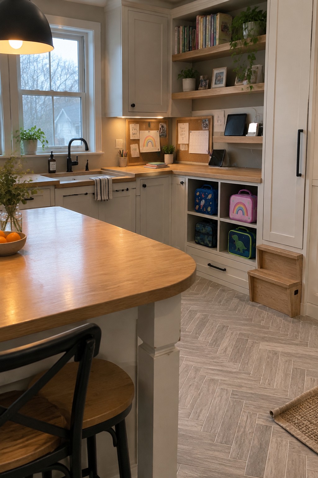 An L-shaped kitchen corner with light gray cabinets, wooden countertops, and four open cubbies holding colorful lunchboxes.