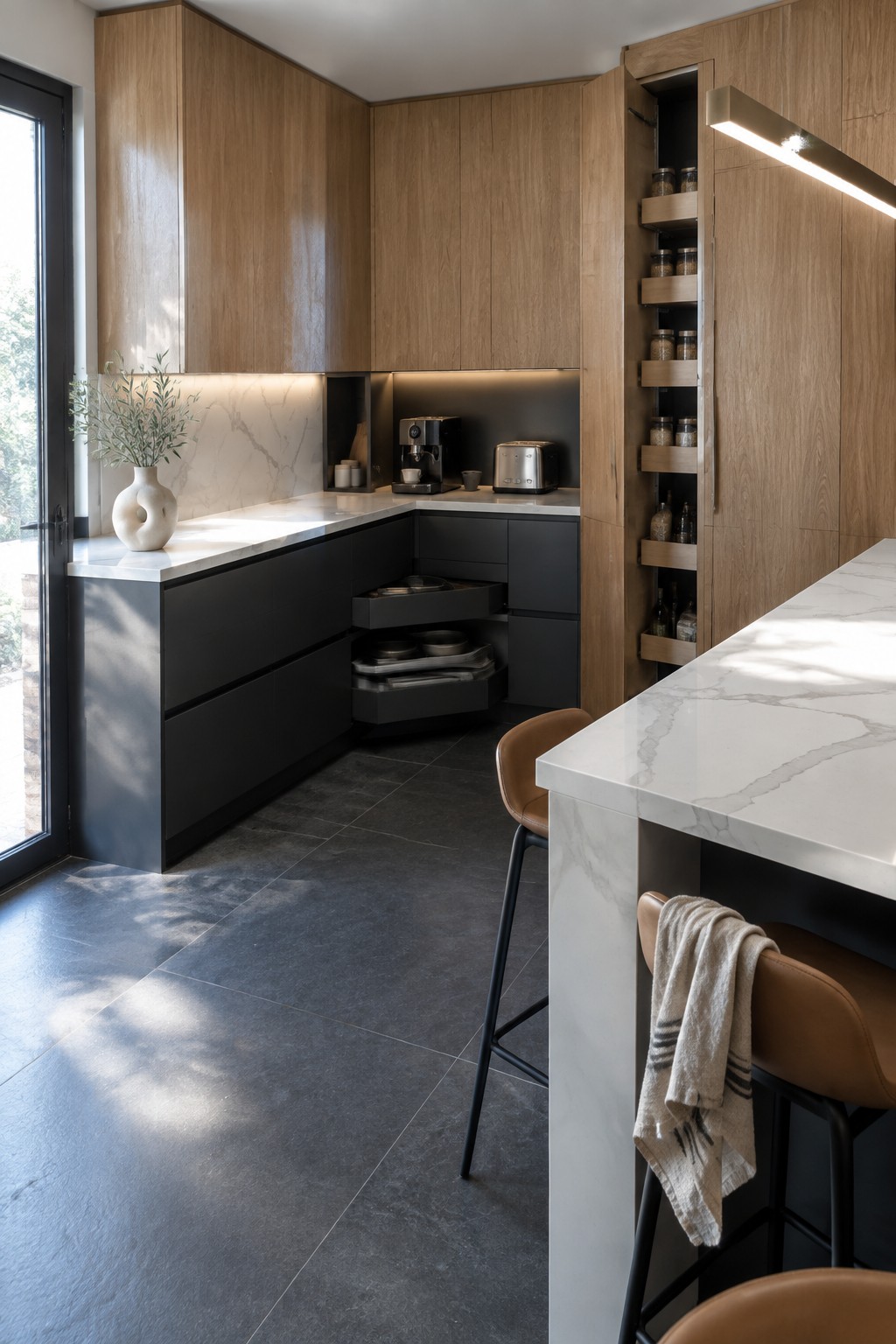 An L-shaped kitchen featuring dark lower cabinets, light wood upper cabinets, white marble countertops, open tiered pull-out drawers in the corner holding stacked cookware, and a tall wooden cabinet with pull-out shelves.