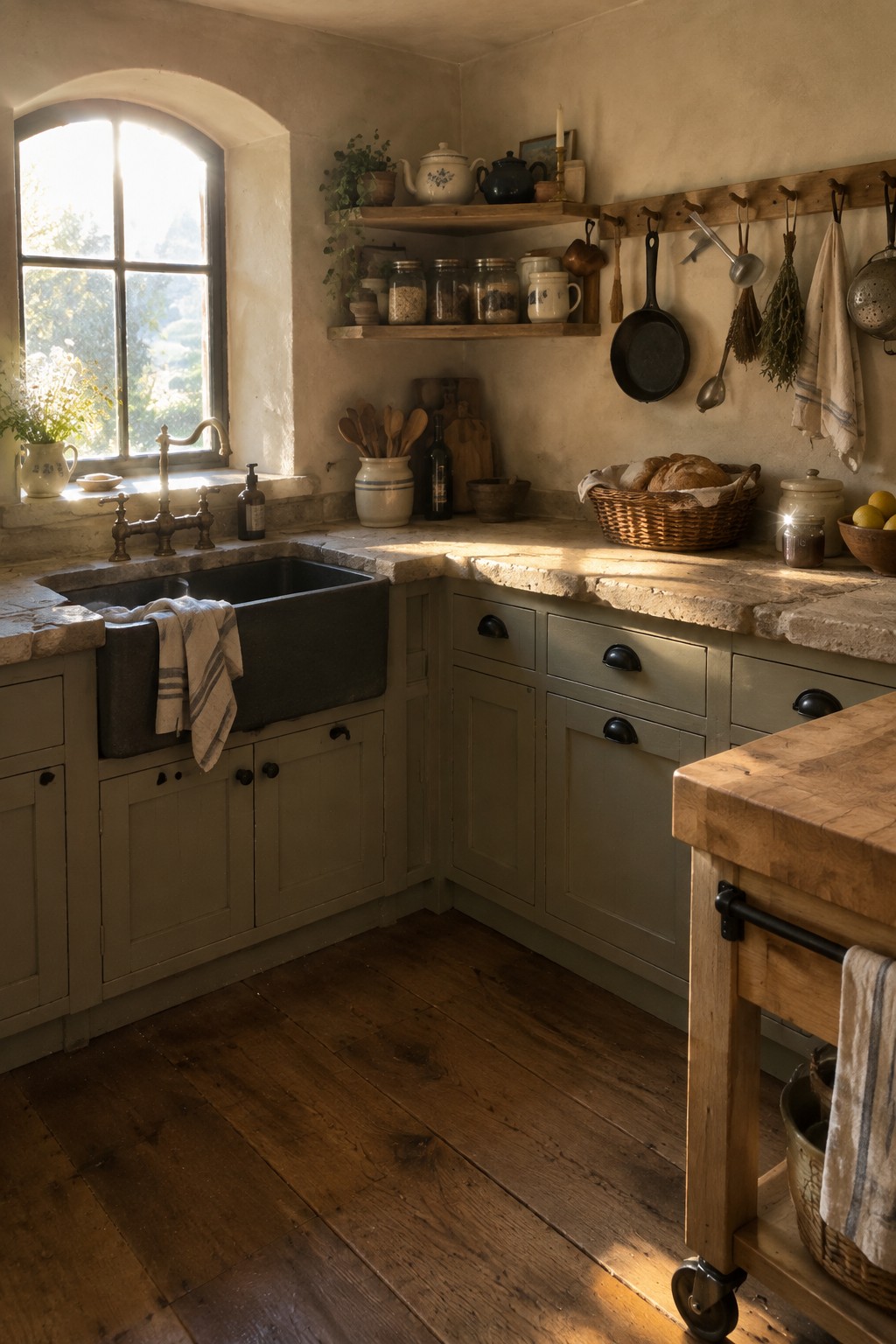 An L-shaped kitchen featuring a dark farmhouse sink positioned in the corner, sage green cabinets, stone countertops, and a wooden rolling cart near a large arched window.